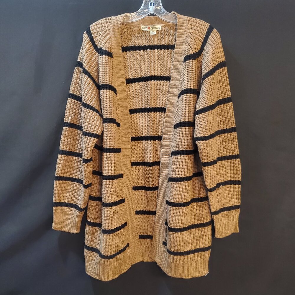 Love Change Italy Knit Cardigan Sweater Extra Large Tan Black Stripes
